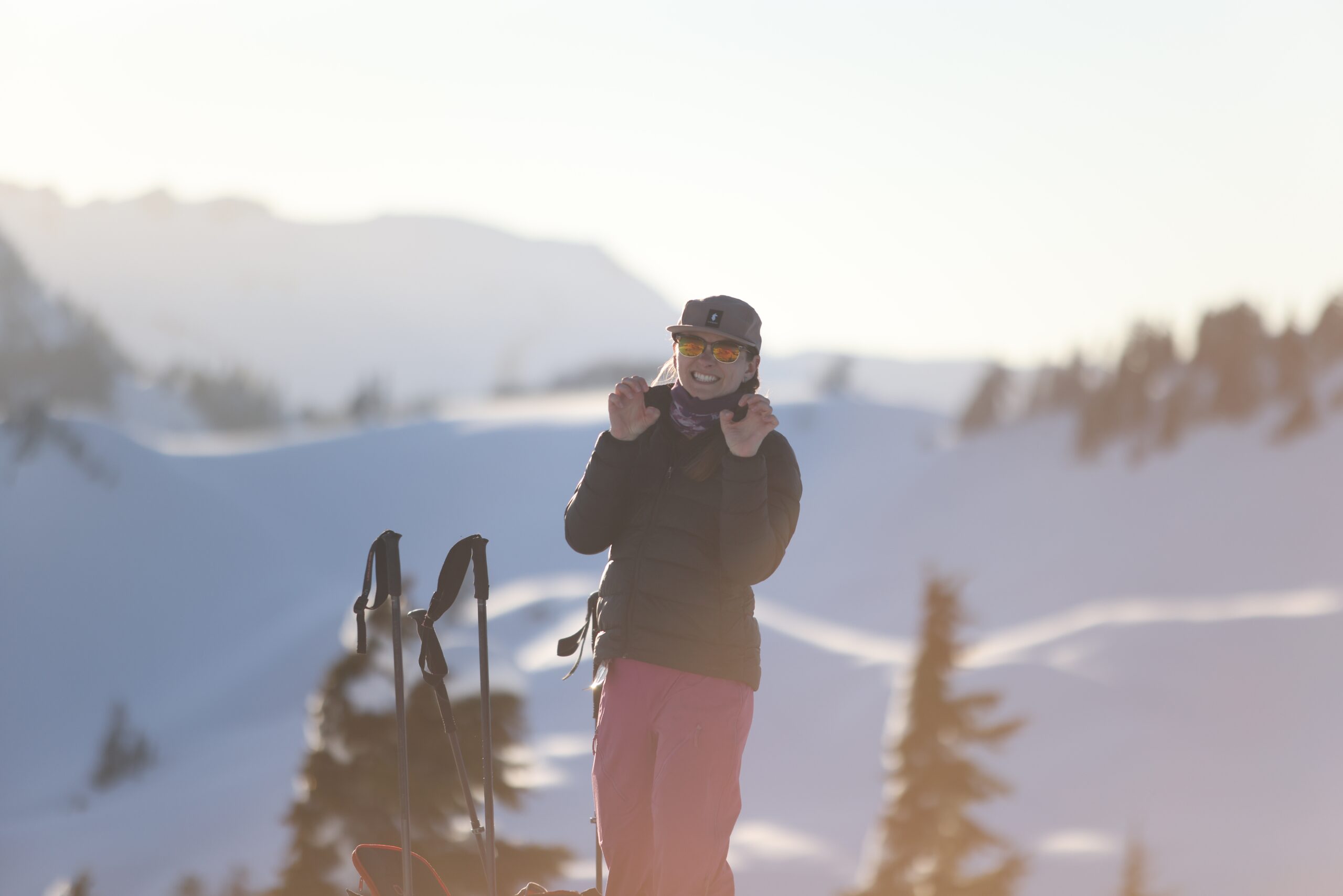 LeGrande_onBaker Person making silly face with snowy mountain in the background